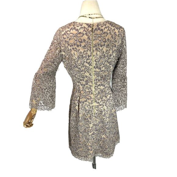 Eliza J Size 6 Dress Lace Fit and Flare Nude Tan Gray Bell Sleeve Dress - Picture 6 of 17